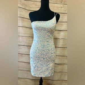 Women's one shoulder sequin bodycon dress NYE medium white